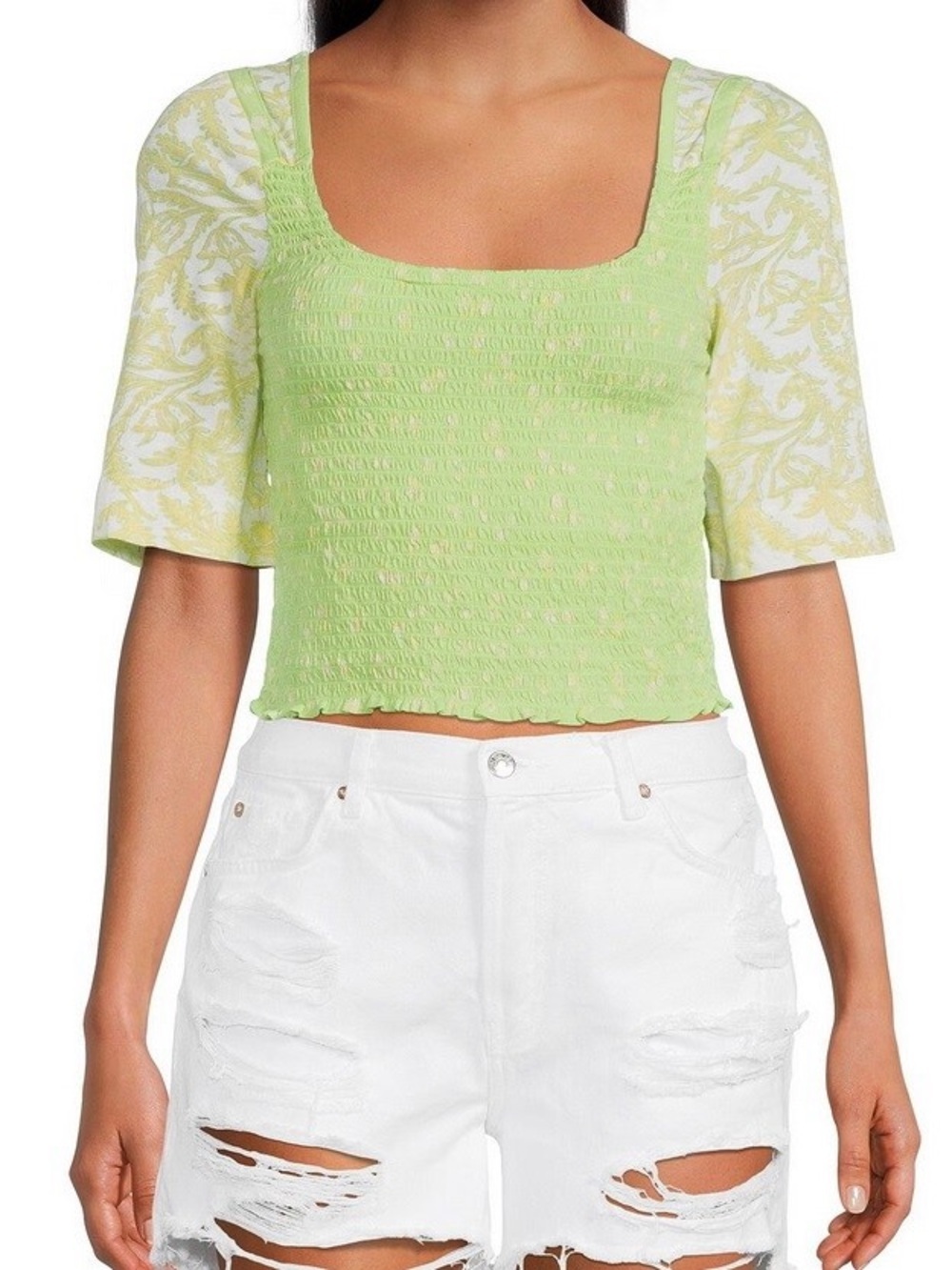 Free People Marigold Small Smocked Lime Green Boho Square Neckline Crop Top NWT